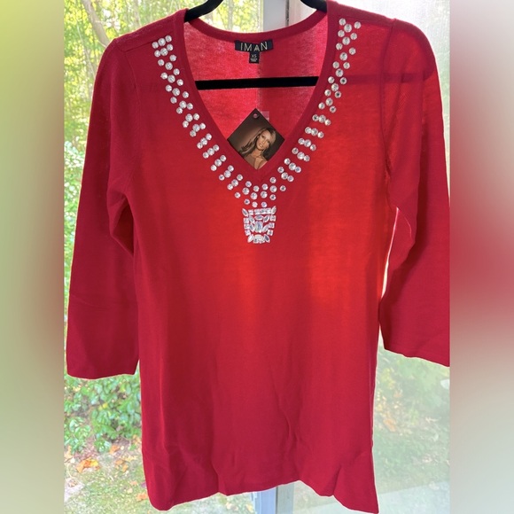 NWT IMAN Global Chic Red Touch of Cashmere tunic with jeweled scooped neck - Picture 1 of 10
